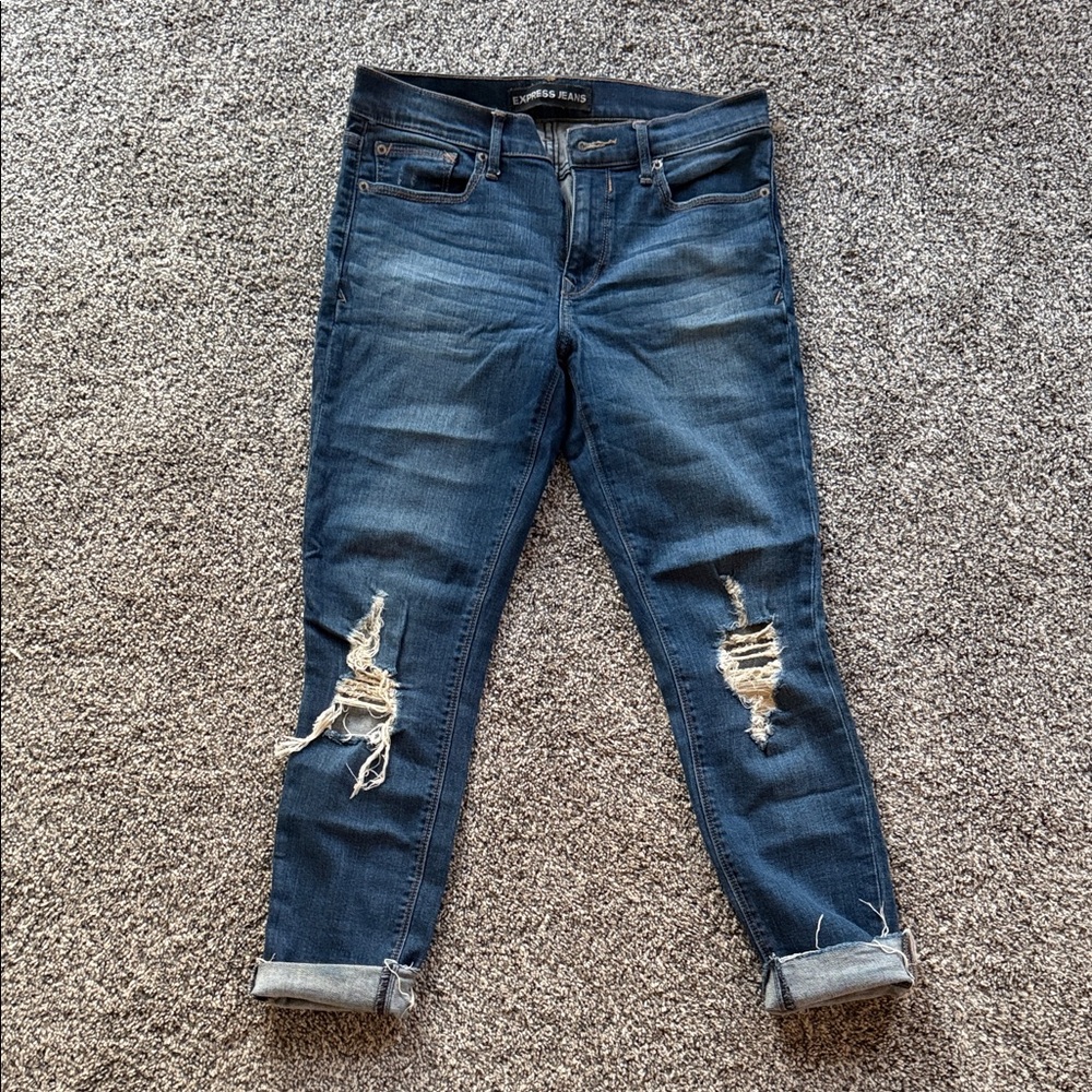 Express Distressed Boyfriend Jeans - Dark Blue Wash